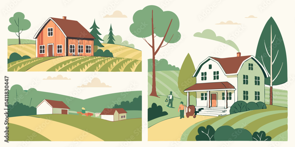 Flat Vector Scenic Farm Landscape Houses Fields People Flat Vector Scenic Farm Landscape Houses Fields People