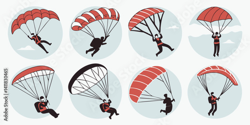 Skydiving Parachutists Vector Illustration. Flat Design Parachute Icons Set. Adventure Sport