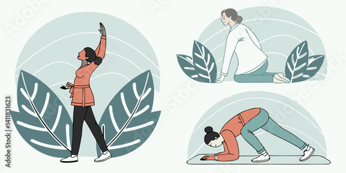 Women Yoga Poses Stretching Exercises Flat Vector Illustrations Leaf Design