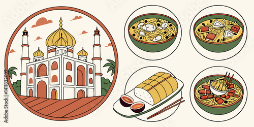 Indian Food Dishes Taj Mahal Vector Art Soups Sushi