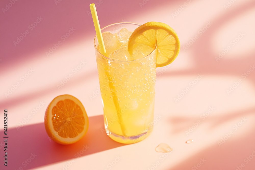 Refreshing citrus beverage in tall glass with ice lemon and straw on pink background Refreshing citrus beverage in tall glass with ice lemon and straw on pink background