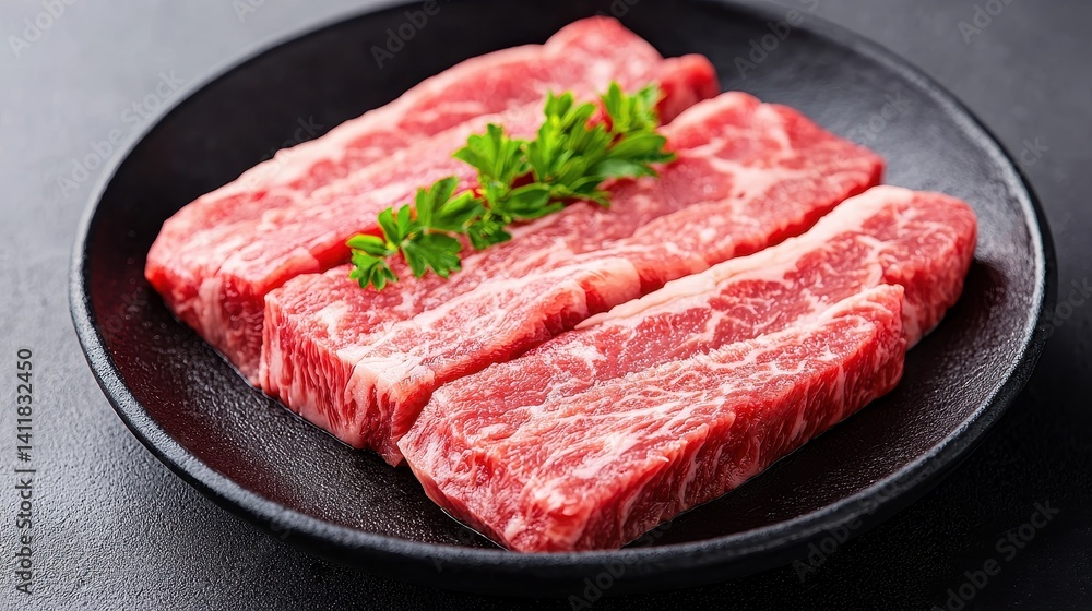 Fresh Raw Beef Ribs on a Black Plate Ready for Grilling or Cooking in a Modern Kitchen Environment Fresh Raw Beef Ribs on a Black Plate Ready for Grilling or Cooking in a Modern Kitchen Environment