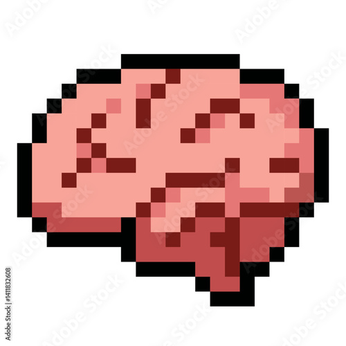 Pixelated illustration of a human brain in retro 8 bit style. Represents thinking, intelligence, creativity, mental health, and cognitive function. Perfect for mobile games, educational content