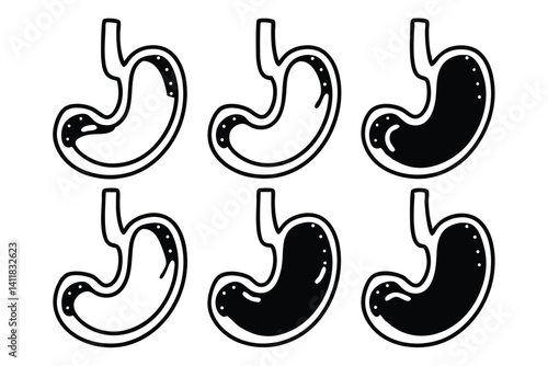 Black and White Human Stomach Icons: Healthy and Diseased Medical Illustration.