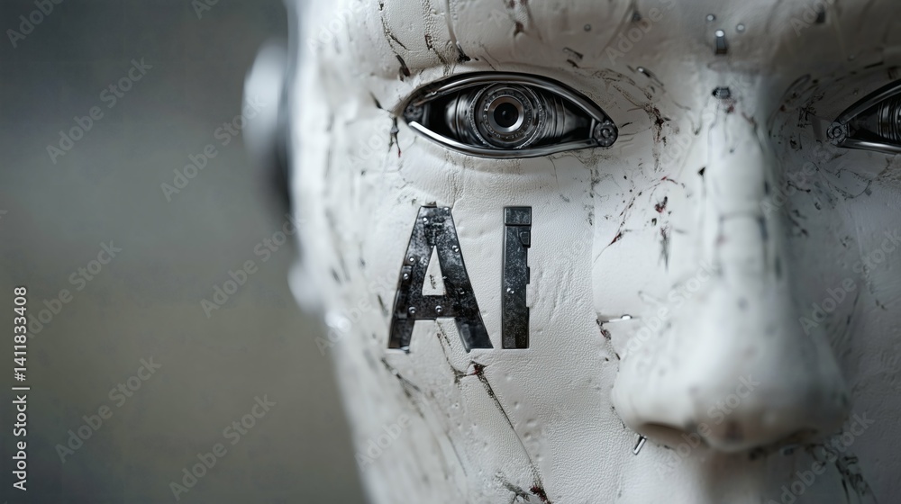 Artificial intelligence robot with AI text on face
