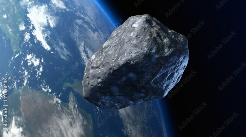 Asteroid hovering near Earth atmosphere, ideal for astronomy visuals and space documentaries