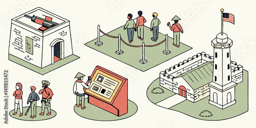 Isometric Cartoon Historical Museum Tourist Attractions Cannon Fort Tower