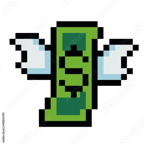 Pixel art illustration of a green dollar bill with wings, symbolizing money flying away, financial loss, or fast-spending. Retro 8 bit video game style. Ideal for mobile games, fintech apps, budgeting