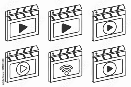 Isometric outline illustration set of movie clapper boards with different icons.
