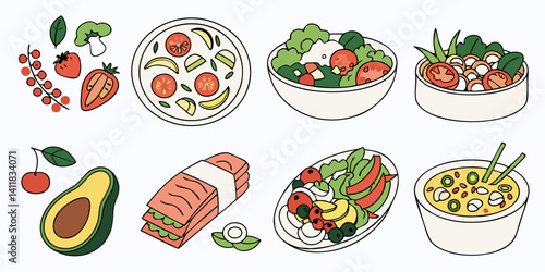 Healthy Cartoon Food: Fruits, Veggies, Salad, Soup - Diet, Wellness, Nutrition
