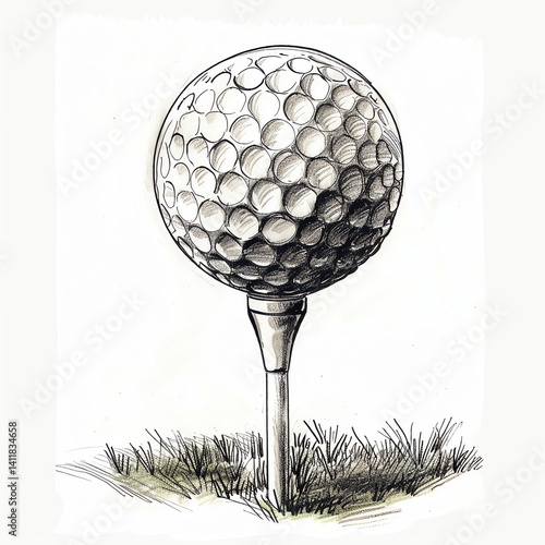 Golf ball perched atop a tee, ready for the swing, sits amidst sketched grass. Awaiting the next shot.