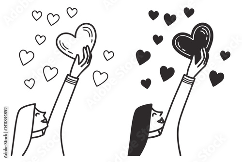 Girl Reaching for Love: Heart Symbols, Minimalist Doodle Style, Valentine's Day Concept