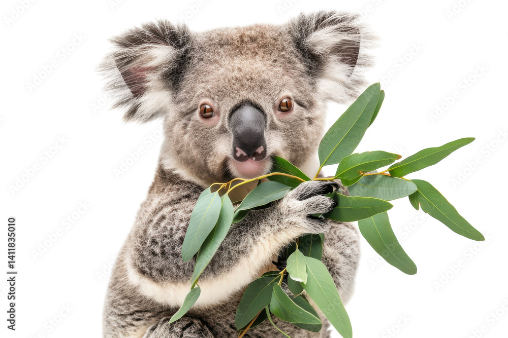 Obraz premium Playful koala curiously munches on fresh eucalyptus leaves against a bright background in a cozy setting isolated on transparent background
