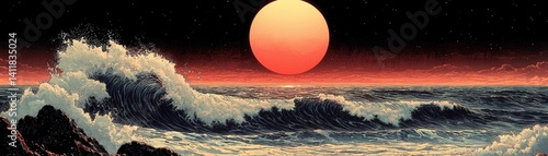 Vibrant Sunset Over Ocean Waves with Dark Sky and Rocks in the Foreground