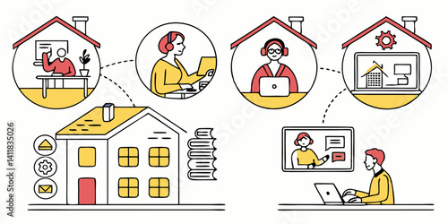 Work From Home Illustration: Digital Meeting, Online Education, Remote Work, Home Office