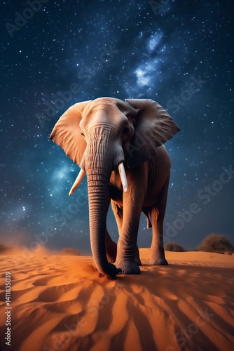 Elephant walking through desert under starry sky
