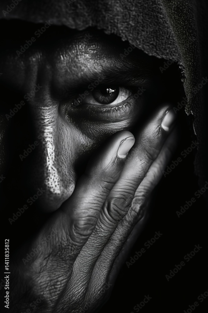 Hand covering face in dramatic black and white portrait
