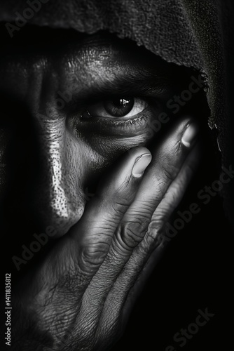 Obraz na płótnie Hand covering face in dramatic black and white portrait w salonie