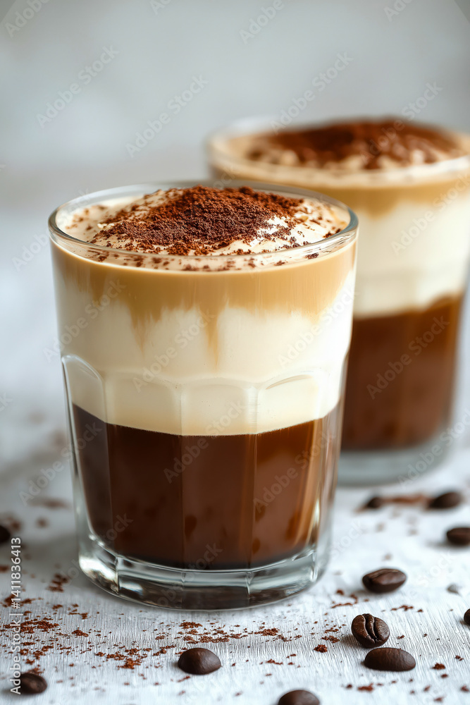 Two glasses of layered coffee with creamy froth and chocolate powder on top on wooden surface Two glasses of layered coffee with creamy froth and chocolate powder on top on wooden surface