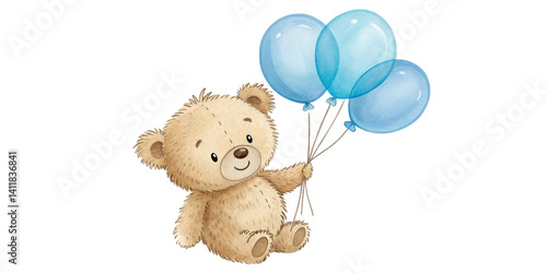 Cute Teddy Bear with Blue Balloons, Watercolor Illustration Isolated on Transparent Background, Baby Shower Clipart, Baby shower, teddy bear, watercolor