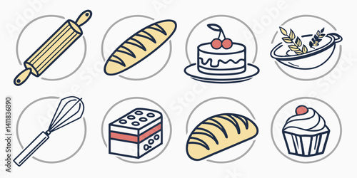 Cartoon Baking Food Icons Set Bread Cake Clipart Vector