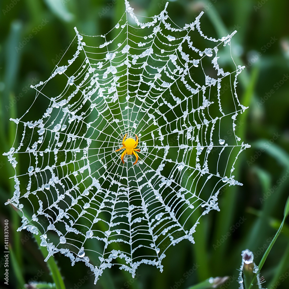 Naklejka premium little icy spiderweb outdoorsa with yellow spider on it in chilly autumn weather