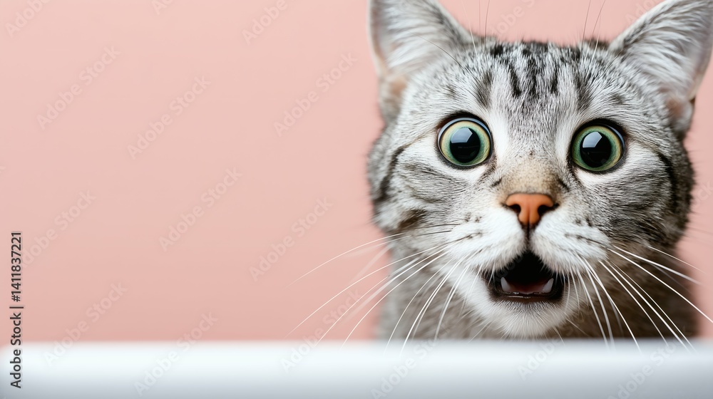 Shocked tabby cat peeking with intense eyes, suitable for humorous visuals or ads