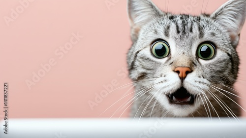Obraz na płótnie Shocked tabby cat peeking with intense eyes, suitable for humorous visuals or ads w salonie