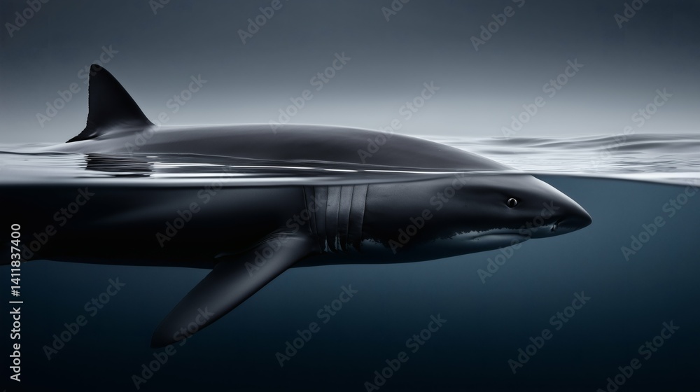 Sleek black shark above and below calm ocean surface