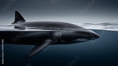 Obraz na płótnie Sleek black shark above and below calm ocean surface w salonie