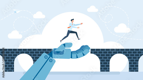 A big robot hand help business man cross problem gap. Support of AI to solve problem, chat bot with ai to help team success. Support with artificial intelligence, Working with AI. Flat illustration.