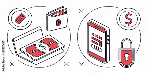 Isometric Finance Illustration: Wallet, Money, Credit Card, Phone, Security Lock