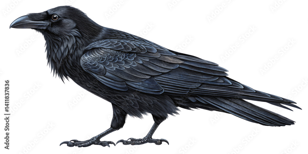 Fototapeta premium Digital Painting of a Raven, Isolated on Transparent Background, Bird Illustration, Corvus corax, Raven, Bird, Illustration