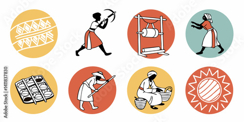 African Culture Icons Illustrations Tribal Art Women Silhouettes Farming Harvesting Sun Oil Press Water Baskets Daily Life