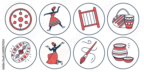 African Folk Art Illustrations: Dance, Pottery, Weaving, Painting, Shield, Drum