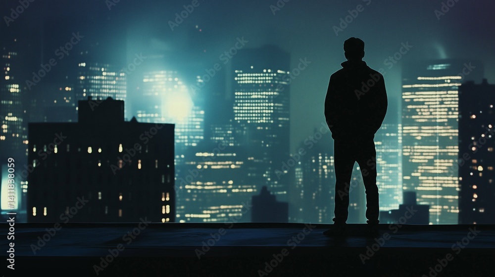 Urban night scene with silhouette man figure, great for solitude or storytelling visuals