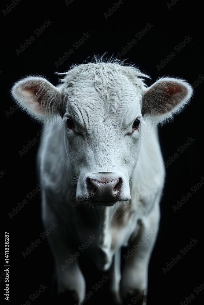 White cow calf portrait on black background