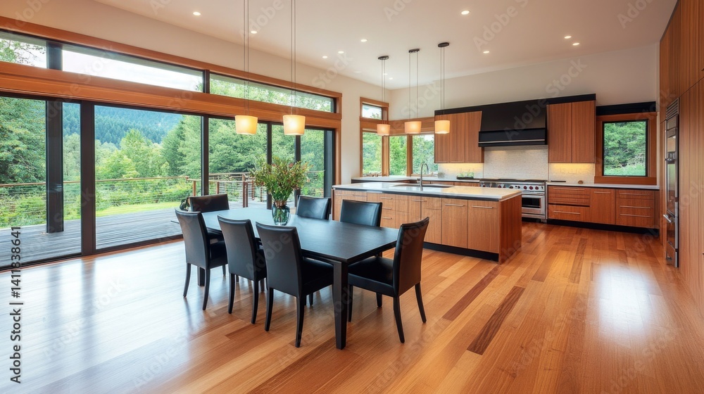 Fototapeta premium Modern kitchen with wooden cabinets, large windows, and dining area overlooking lush greenery