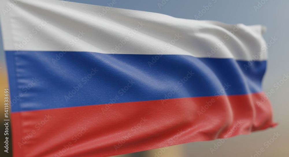 A Close-Up View of the Russian Flag billowing gently in the wind, showcasing its vibrant colors and textured fabric A Close-Up View of the Russian Flag billowing gently in the wind, showcasing its vibrant colors and textured fabric