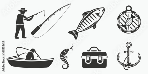 Fishing Vector Icons - Black and White Nautical Theme - Boat, Fish, Rod, Anchor, Tackle Box, Compass, Fisherman