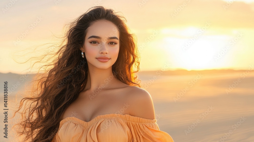 Beautiful woman with flowing hair posing at sunset in the desert with soft golden light Beautiful woman with flowing hair posing at sunset in the desert with soft golden light