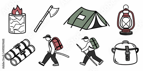 Camping and Hiking Cartoon Icons Set: Outdoor Adventure Gear, Tent, Axe, Lantern, Fire, Backpack, Sleeping Mat, Pot - Vector Illustration