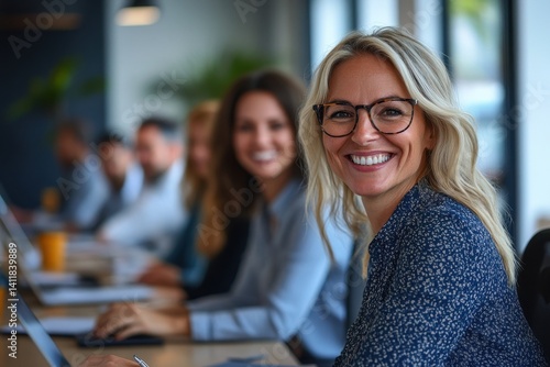 Cute Graphic. Smiling Female and Male Business Team in Casual Attire Working Together