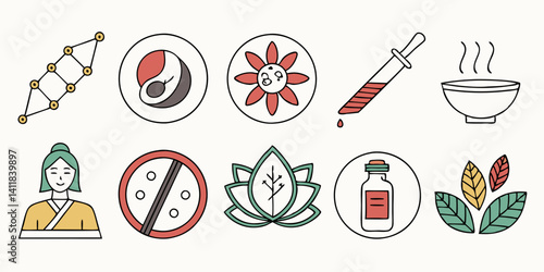 Herbal & Natural Medicine Icons: Wellness, Therapy, Flat Vector Art