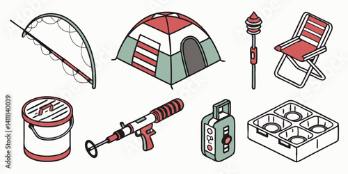 Isometric Outdoor Recreation Camping Gear Vector: Tent, Chair, Rod, Stove, Lantern, Lock