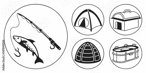 Black and White Fishing Camping Icons Tent Chest Dome Line Art