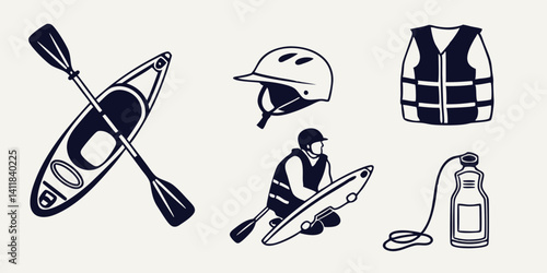 Kayak Paddle Helmet Life Vest Water Bottle - Black and White Kayaking Icons