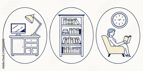 Desk Bookshelf Reading Chair Home Office Line Art Vignettes