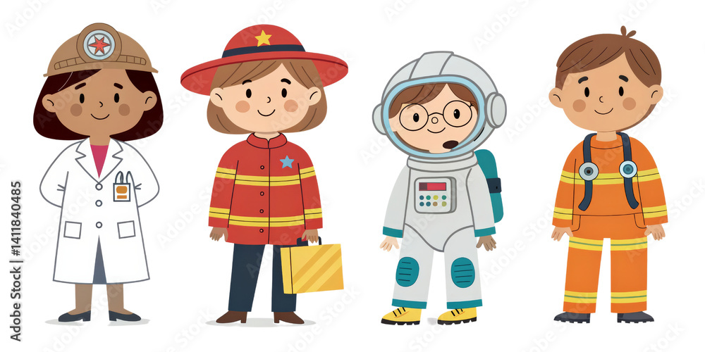Four Kids in Different Professions, Cartoon Illustration, Isolated on Transparent Background, Clipart, Children, Professions, Occupation Four Kids in Different Professions, Cartoon Illustration, Isolated on Transparent Background, Clipart, Children, Professions, Occupation