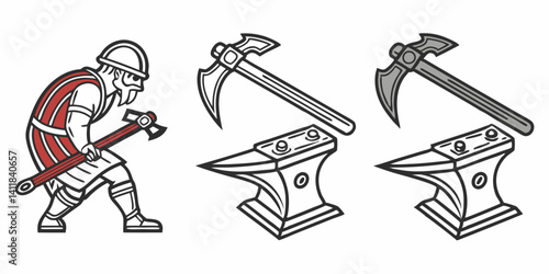 Cartoon Blacksmith Forging Axe on Anvil Vector Illustration